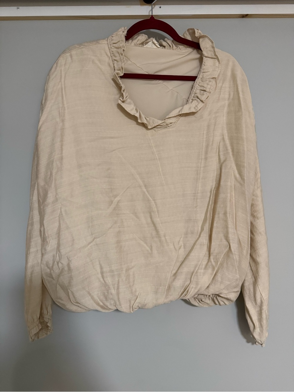 Umgee Cream Ruffle-Neck Long Sleeve Blouse
